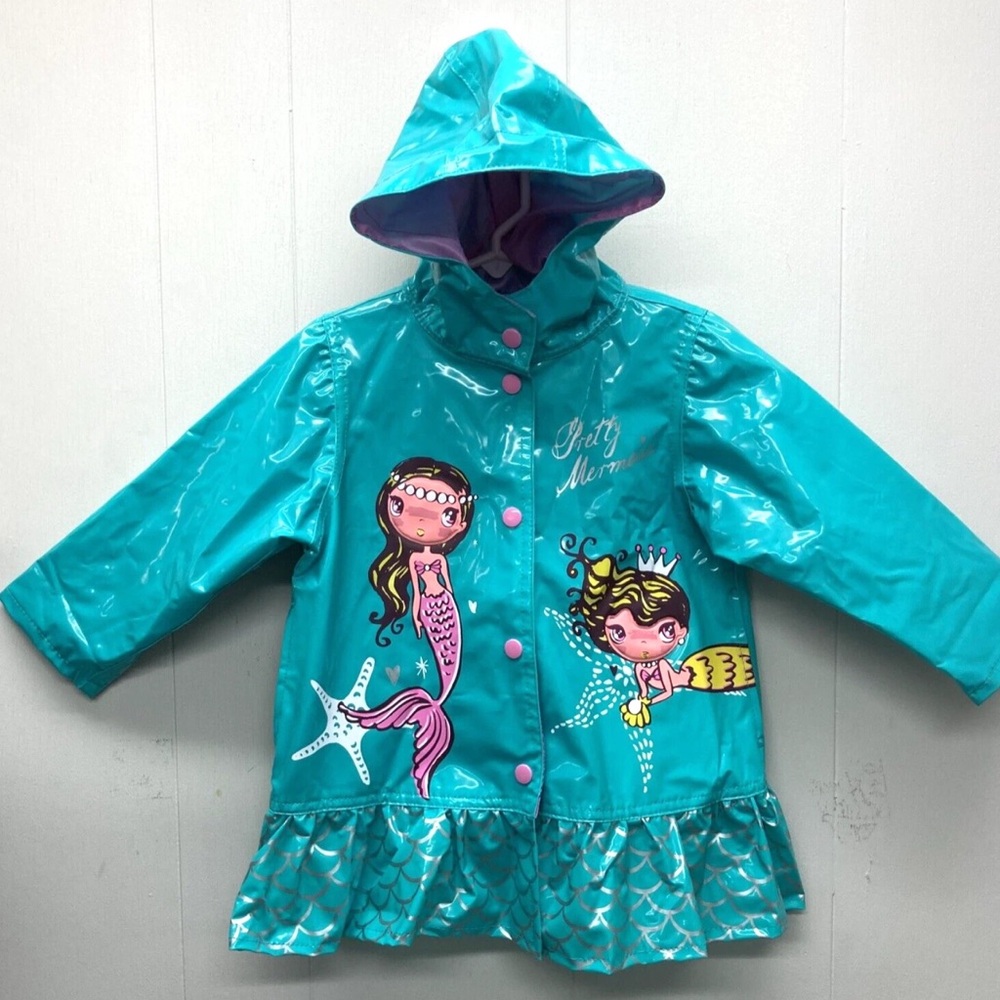 Wippette Kids Rain Jacket Turquoise Mermaid Hooded Fully Lined | Toddler Size 3T